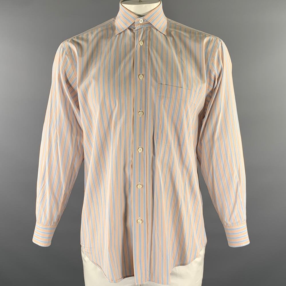 BRIONI Size M Orange Blue Stripe Cotton Spread Collar Long Sleeve Shirt
